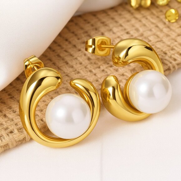 πModern Classic 18K Gold Plated Faux Pearl Earrings | Dainty Chic Minimalist - Picture 1 of 10